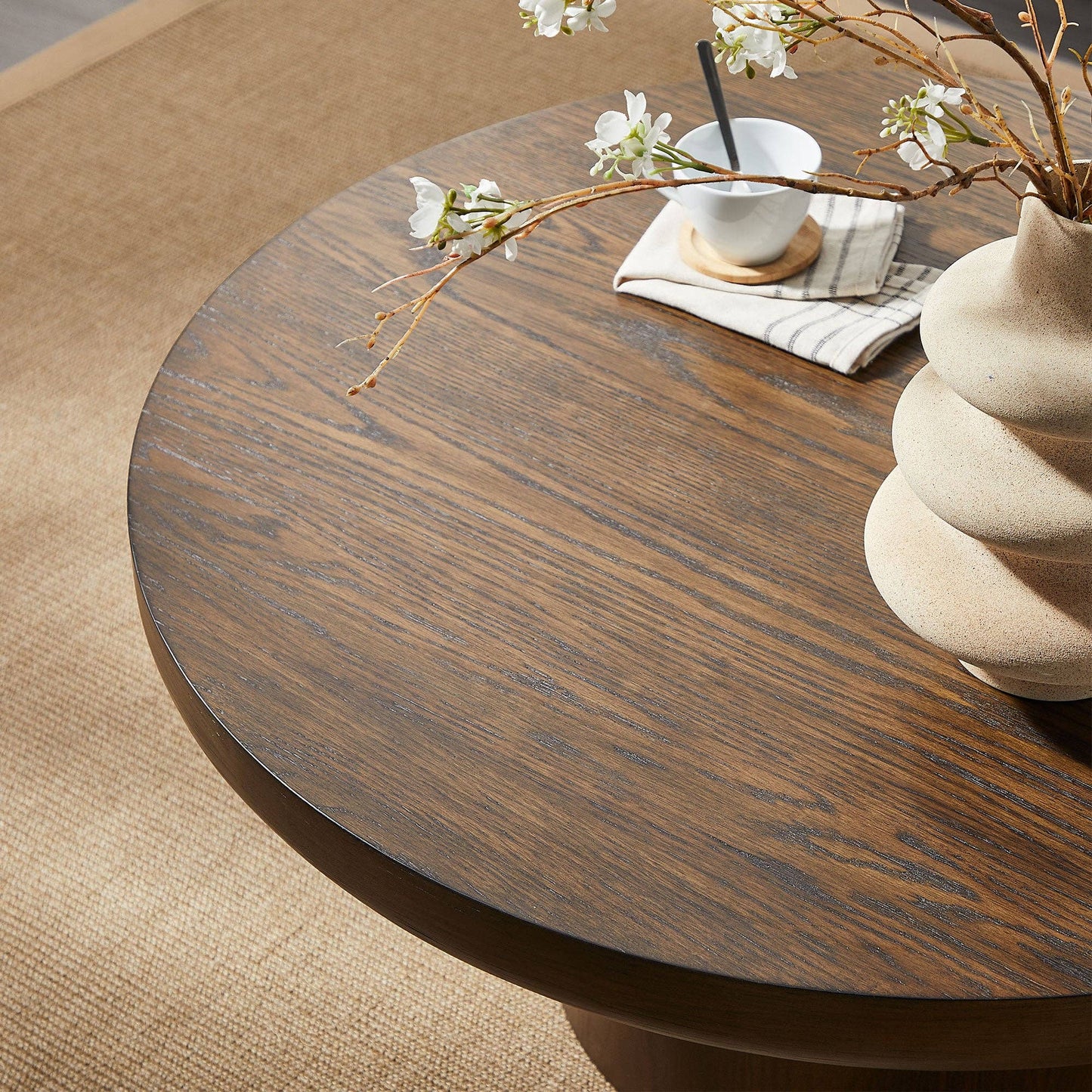 Brutoni 36" Round Soild Wood Coffee Table with Sculpted Pedestal Base