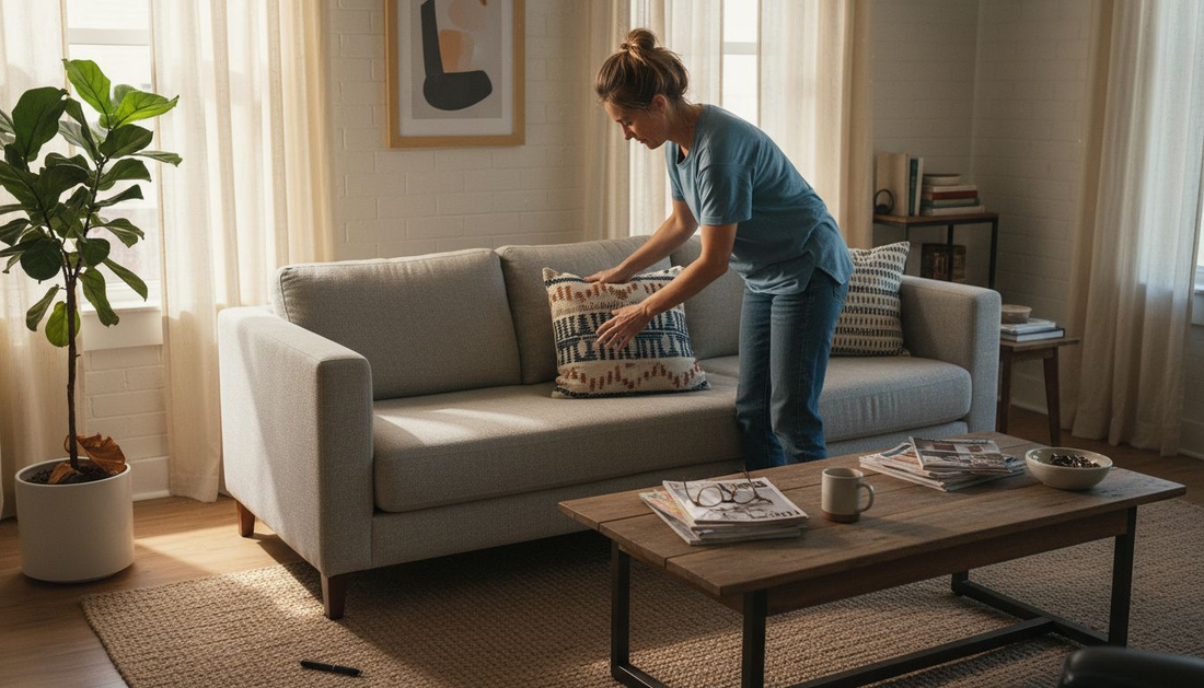 Woman arranging living room smart decor