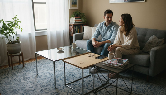 Urban living room with stylish coffee tables