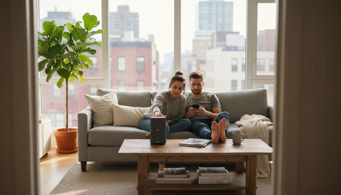Couple relaxing in tech-integrated living room
