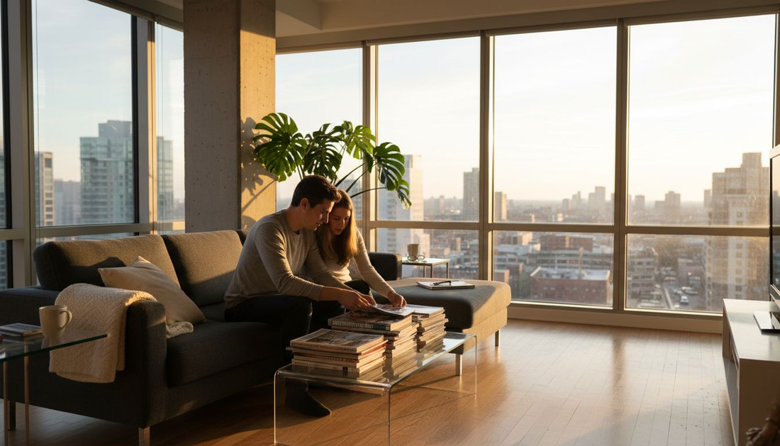 Couple in city apartment with contemporary sofa