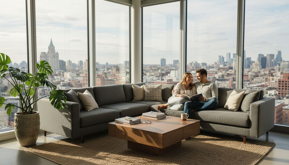 Couple in bright city apartment with modular sofa
