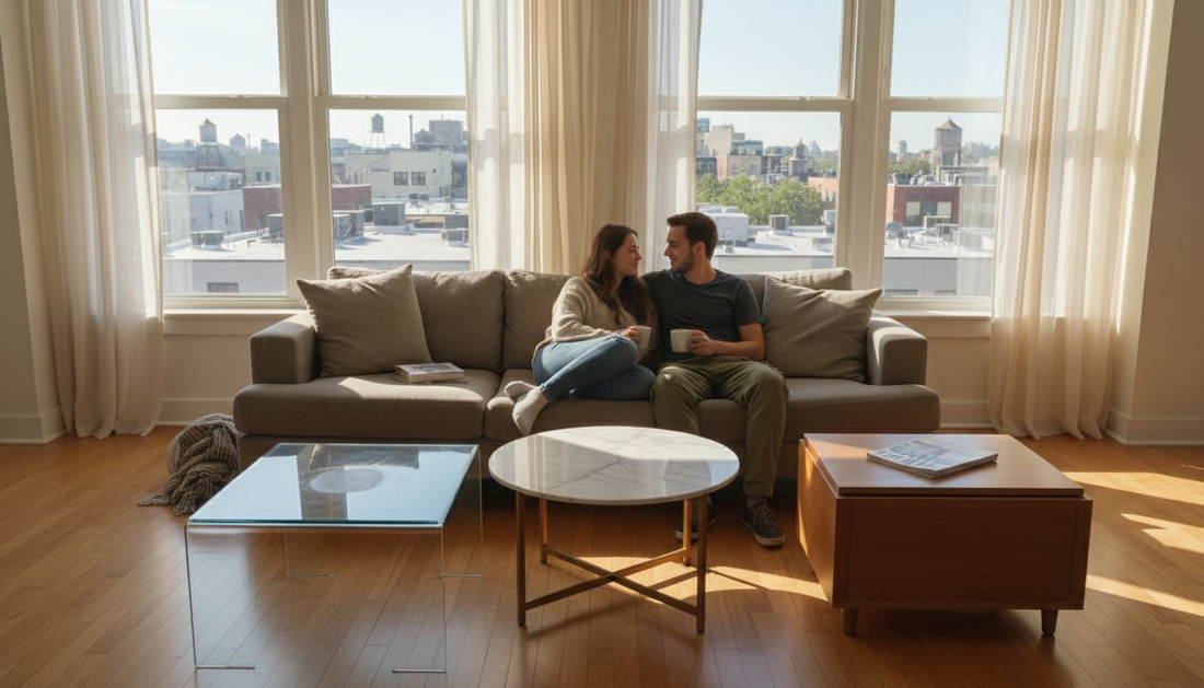 Modern coffee table styles in lived-in urban home