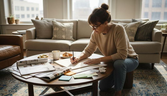 Woman planning living room upgrade sketches