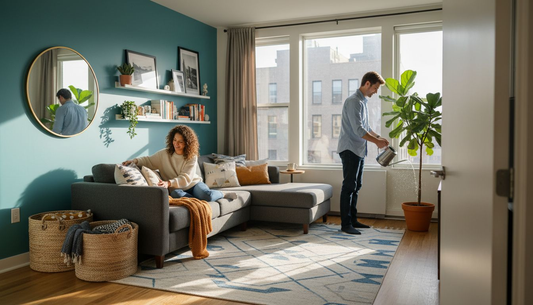 Millennial couple styles living room with home accessories