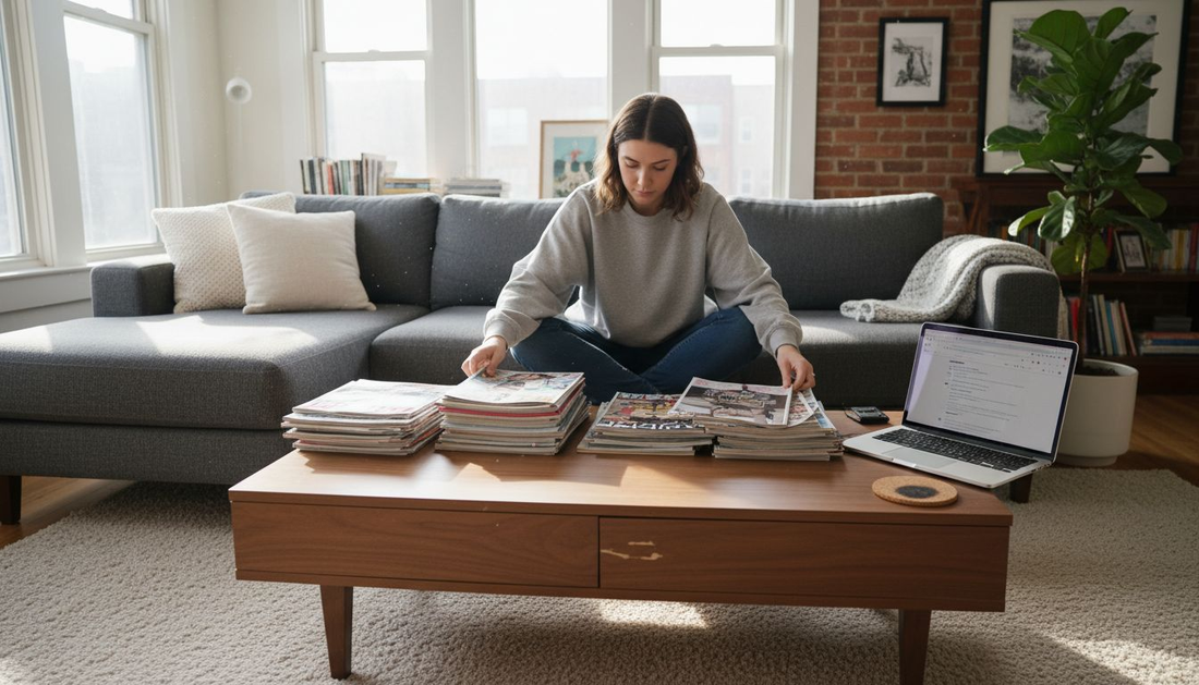 Woman using coffee table in sunlit apartment living room