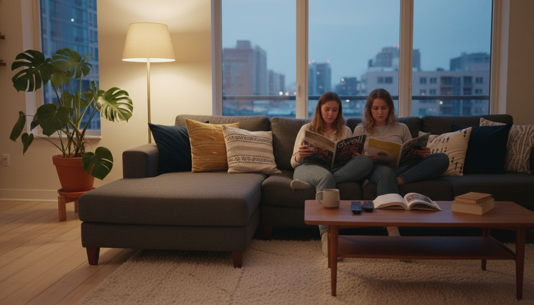 Couple reading in softly lit living room