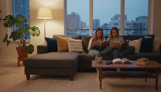Couple reading in softly lit living room
