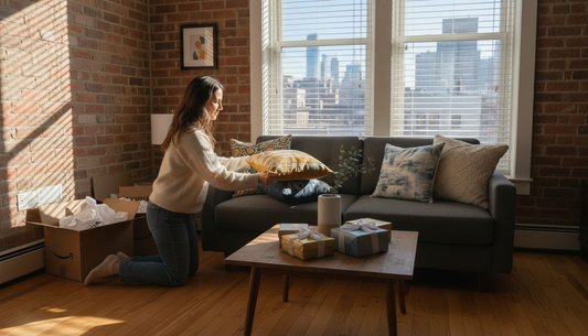 Woman arranging decor in sunlit NYC apartment