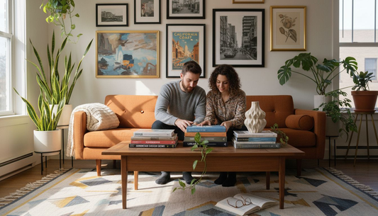 Couple arranging home decor in curated living room