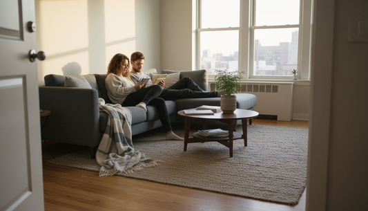 Modern city apartment with relaxed couple lounging