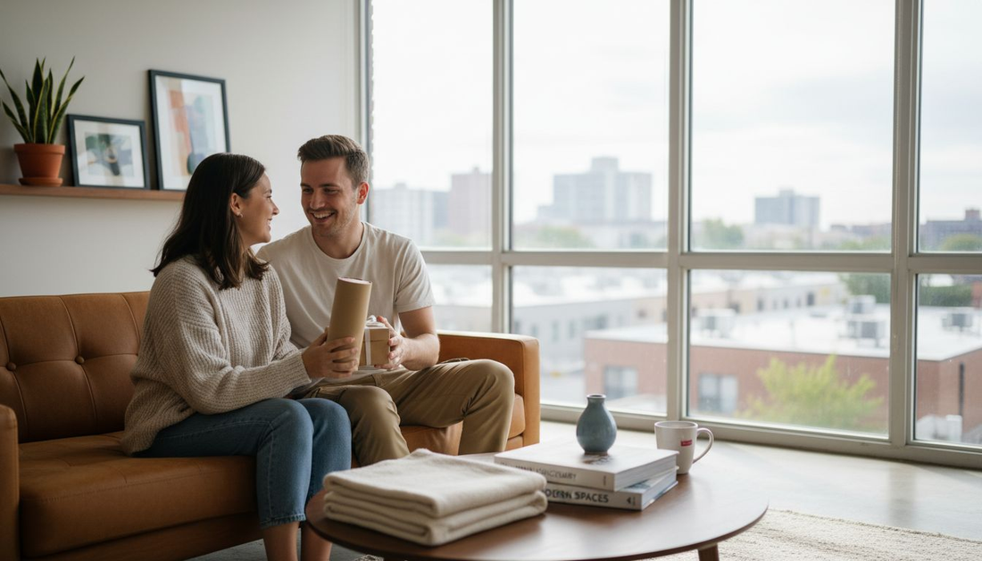 Couple exchanging home decor gifts in apartment