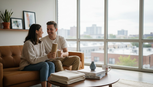 Couple exchanging home decor gifts in apartment