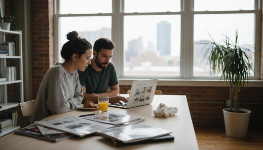 Couple comparing home décor sites at kitchen table