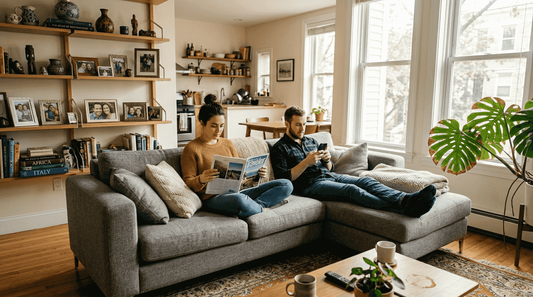 Couple enjoying relaxed modern personalized living room