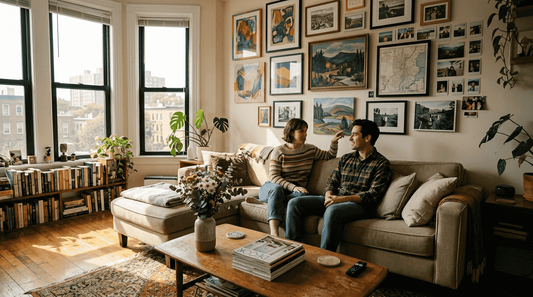 Couple discussing curated wall art in living room
