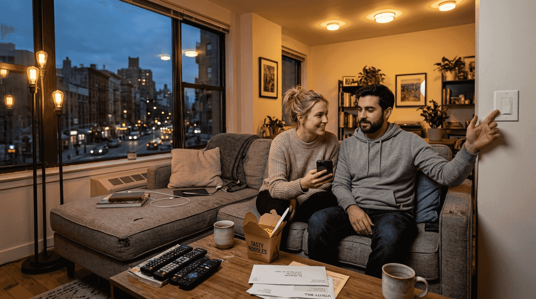 Couple adjusting modern smart home lighting setup