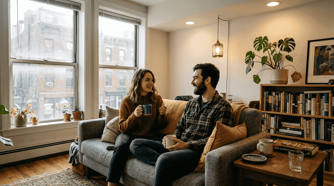 Brightly lit small urban apartment living room