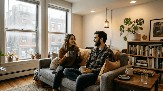 Brightly lit small urban apartment living room