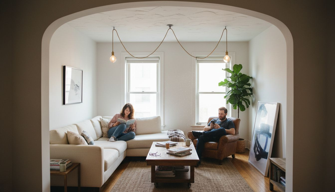 Pendant lighting in cozy apartment scene