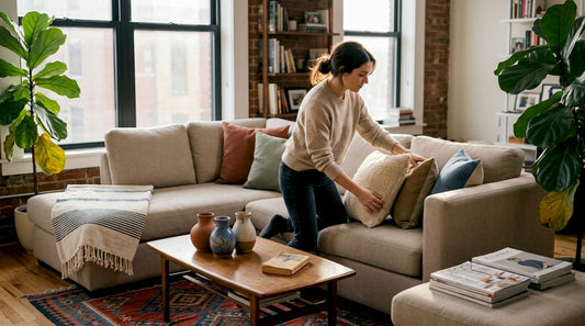 Woman arranging pillows in stylish living room
