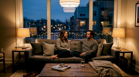 Cozy living room with layered mood lighting