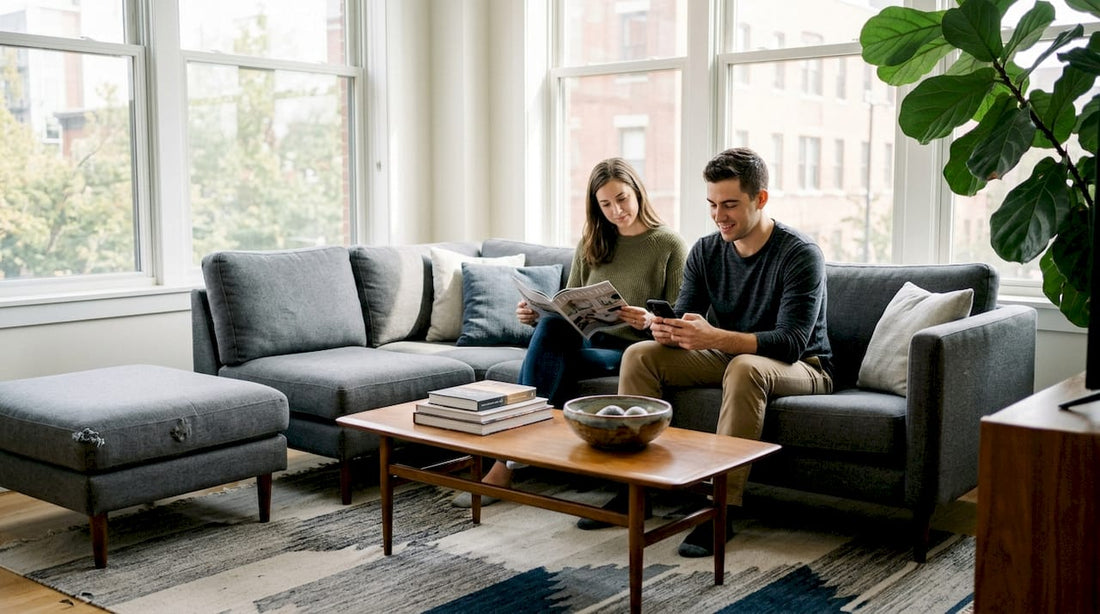 Couple in bright living room with modern rug