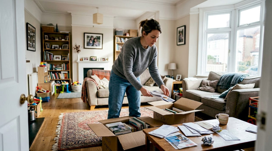 Woman decluttering casual living room space