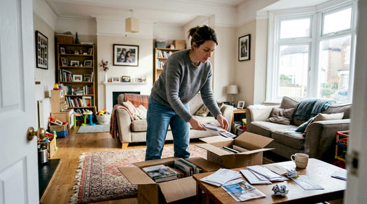 Woman decluttering casual living room space