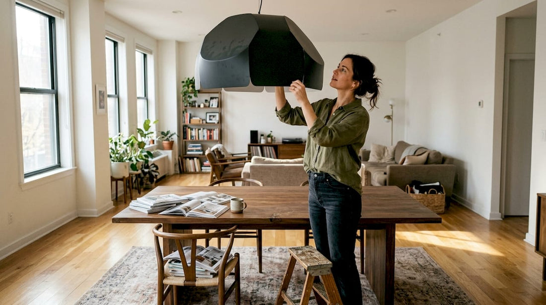 Woman adjusts sculptural statement light in home