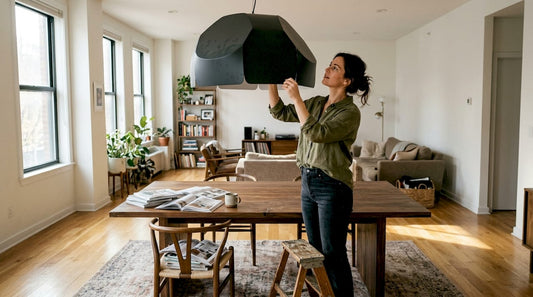 Woman adjusts sculptural statement light in home