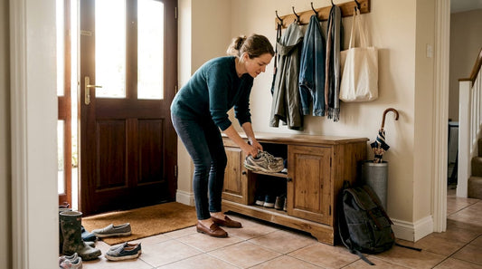 Woman storing shoes in home cabinet