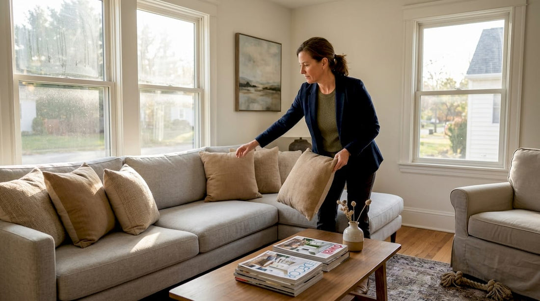 Home stager arranging pillows in bright living room