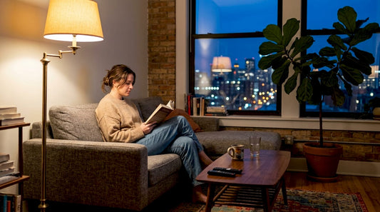 Woman reading in well-lit living room