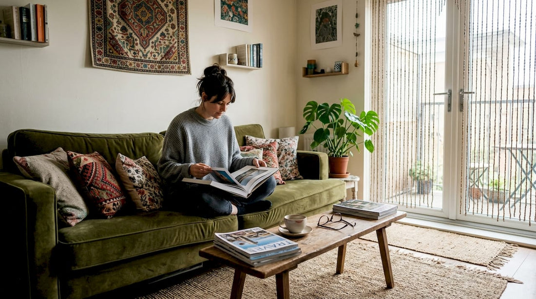 Bohemian living room with sofa and eclectic decor