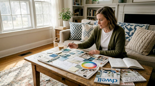 Woman selecting decor in cozy living room