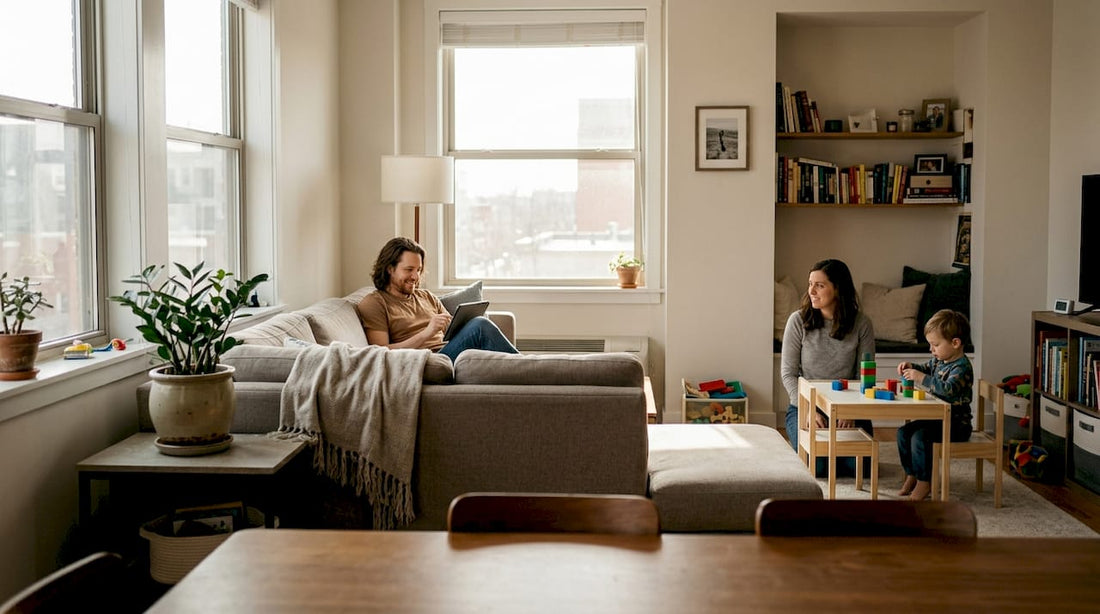 Family using zoned open-plan living room space