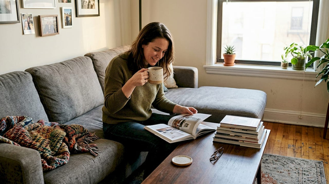 Person reading design magazine in lived-in lounge