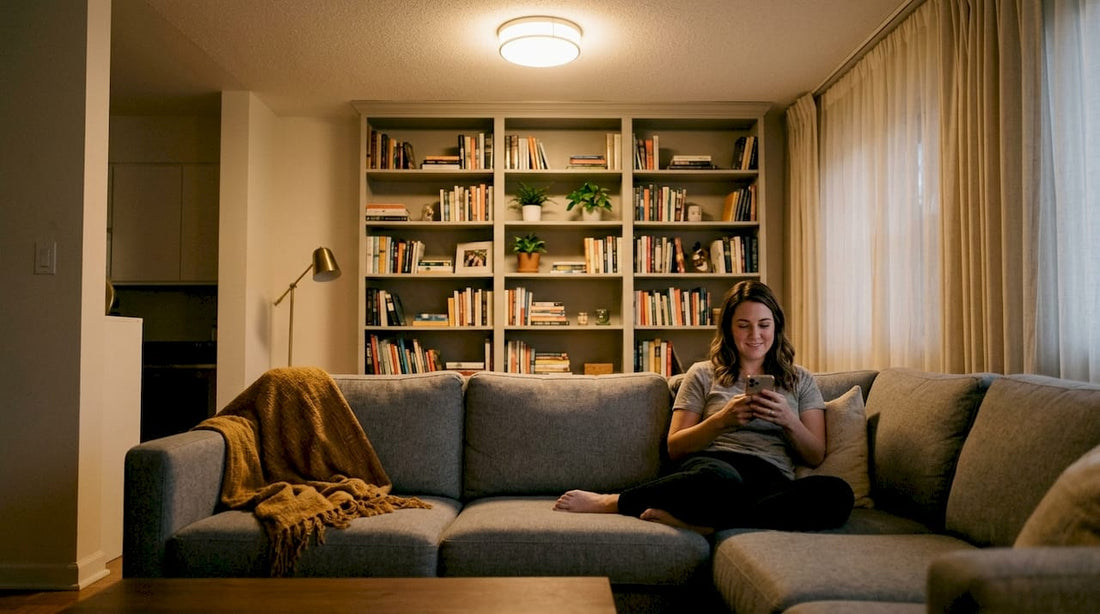 Living room with cozy ambient lighting and soft furnishings
