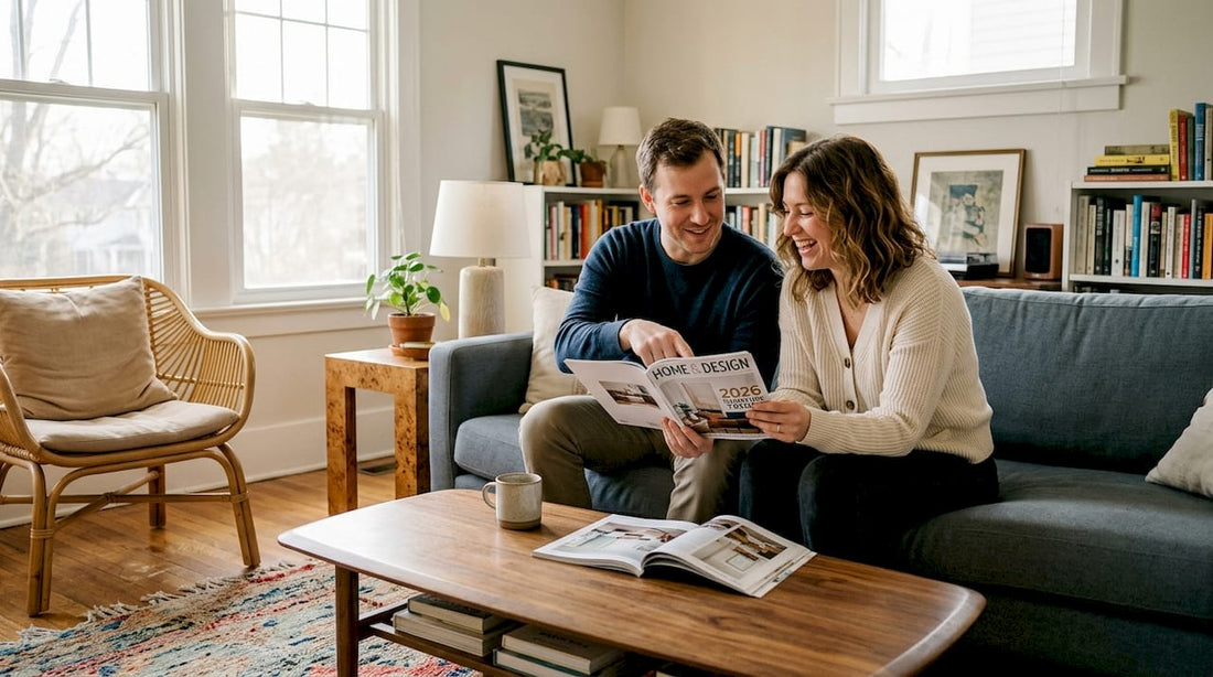 Couple in living room with warm wood furniture