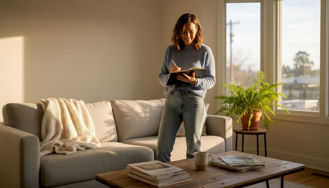 Woman assessing living room for home decor project