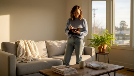 Woman assessing living room for home decor project