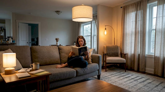 Woman reading under layered living room lighting