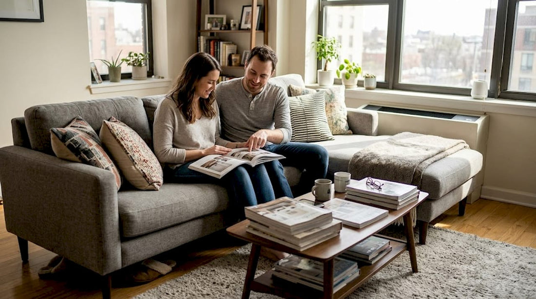 Couple discussing living room furniture arrangement