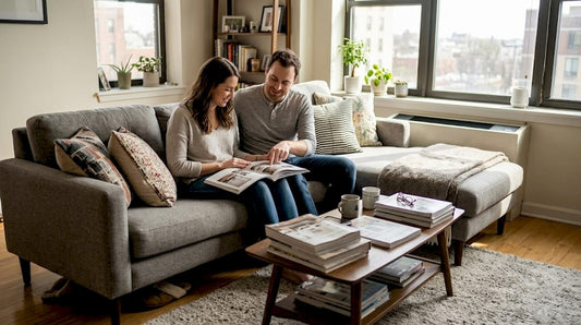 Couple discussing living room furniture arrangement