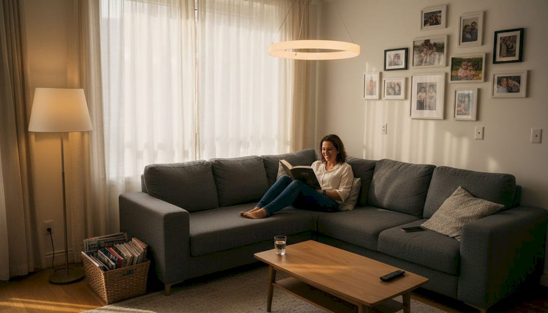 Woman reading under pendant and floor lamp