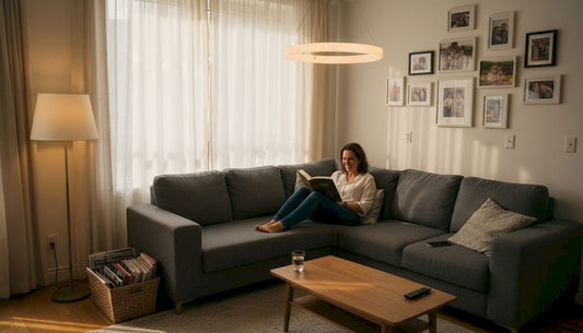 Woman reading under pendant and floor lamp
