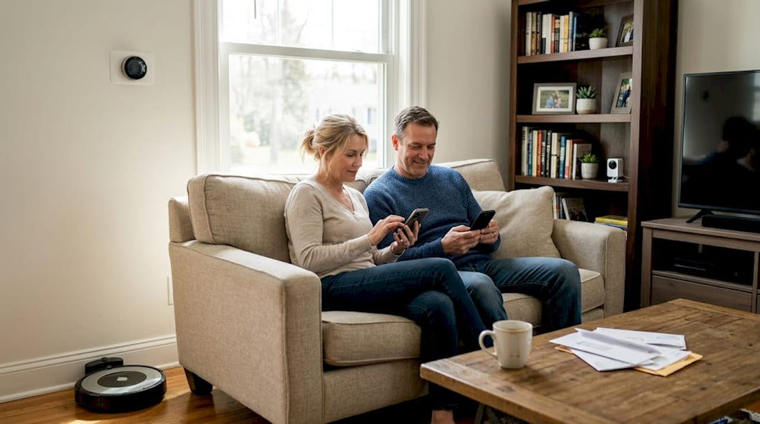 Couple checks smart home devices in living room