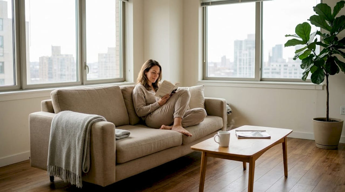 Woman reading novel in minimalist living room