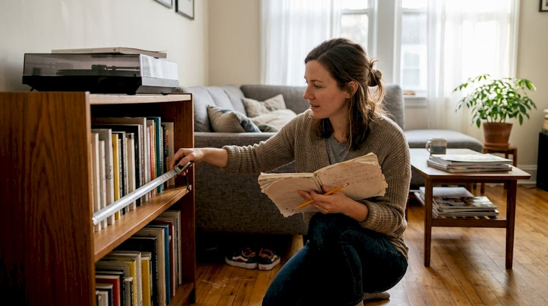 Woman measuring living room furniture layout